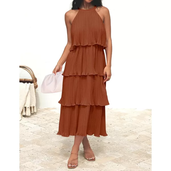ZESICA Womens 2024 Summer Sleeveless Halter Neck Ruffle Tiered Layed Chiffon Flowy Swing Long Midi DressMaple