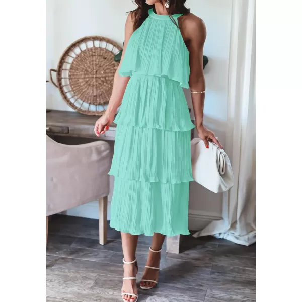 ZESICA Womens 2024 Summer Sleeveless Halter Neck Ruffle Tiered Layed Chiffon Flowy Swing Long Midi DressMint