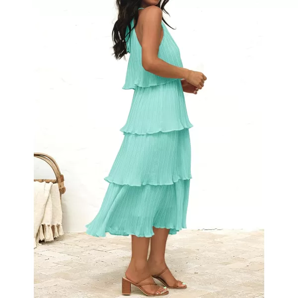 ZESICA Womens 2024 Summer Sleeveless Halter Neck Ruffle Tiered Layed Chiffon Flowy Swing Long Midi DressMint