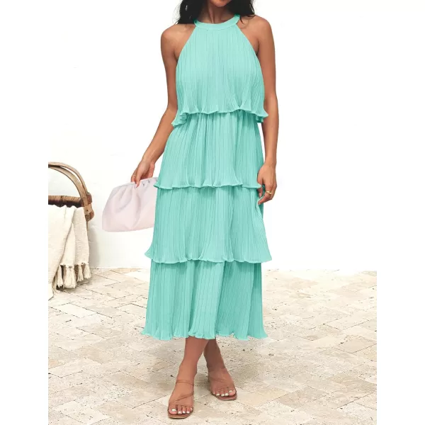 ZESICA Womens 2024 Summer Sleeveless Halter Neck Ruffle Tiered Layed Chiffon Flowy Swing Long Midi DressMint