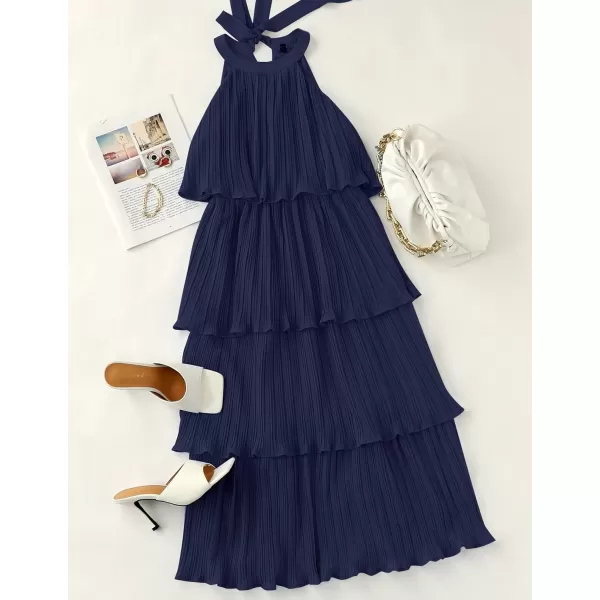 ZESICA Womens 2024 Summer Sleeveless Halter Neck Ruffle Tiered Layed Chiffon Flowy Swing Long Midi DressNavy