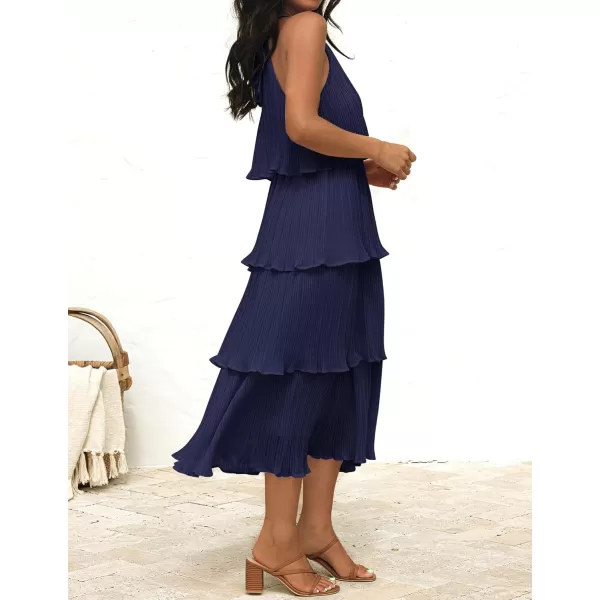 ZESICA Womens 2024 Summer Sleeveless Halter Neck Ruffle Tiered Layed Chiffon Flowy Swing Long Midi DressNavy
