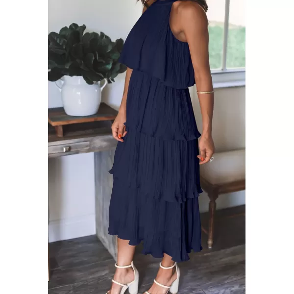 ZESICA Womens 2024 Summer Sleeveless Halter Neck Ruffle Tiered Layed Chiffon Flowy Swing Long Midi DressNavy