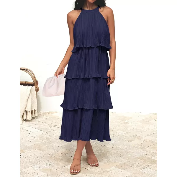 ZESICA Womens 2024 Summer Sleeveless Halter Neck Ruffle Tiered Layed Chiffon Flowy Swing Long Midi DressNavy