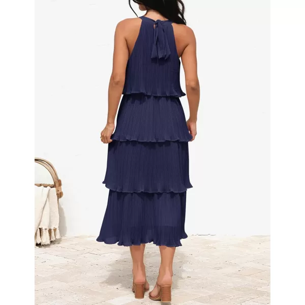 ZESICA Womens 2024 Summer Sleeveless Halter Neck Ruffle Tiered Layed Chiffon Flowy Swing Long Midi DressNavy