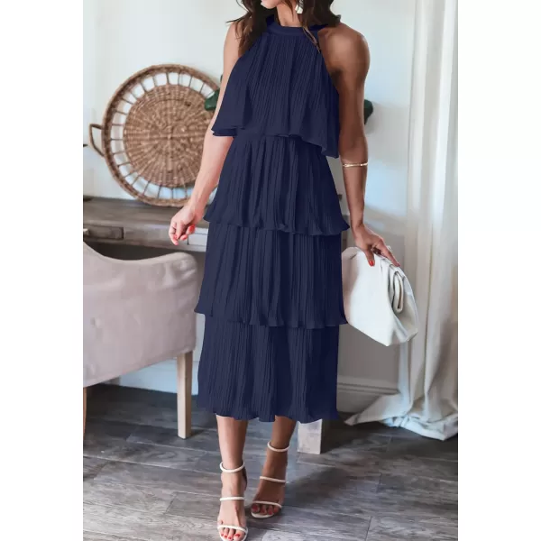 ZESICA Womens 2024 Summer Sleeveless Halter Neck Ruffle Tiered Layed Chiffon Flowy Swing Long Midi DressNavy