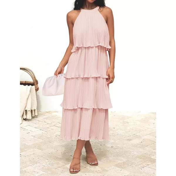 ZESICA Womens 2024 Summer Sleeveless Halter Neck Ruffle Tiered Layed Chiffon Flowy Swing Long Midi DressPink
