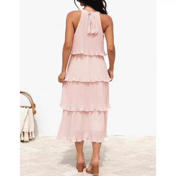 ZESICA Womens 2024 Summer Sleeveless Halter Neck Ruffle Tiered Layed Chiffon Flowy Swing Long Midi DressPink