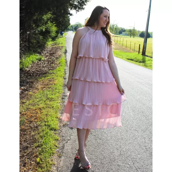 ZESICA Womens 2024 Summer Sleeveless Halter Neck Ruffle Tiered Layed Chiffon Flowy Swing Long Midi DressPink