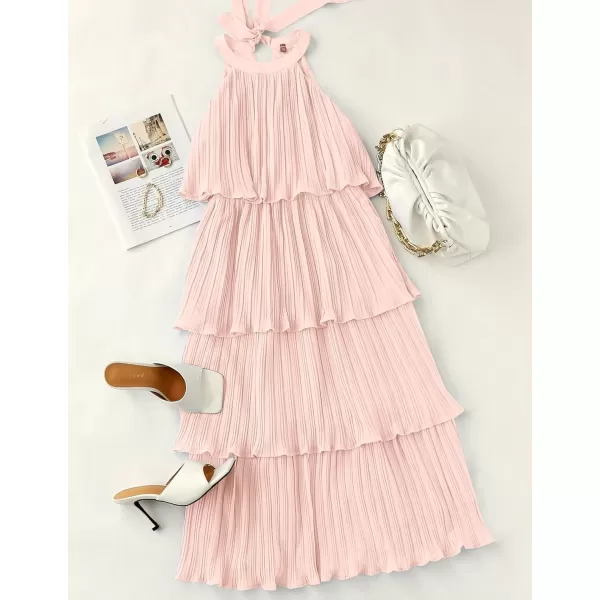 ZESICA Womens 2024 Summer Sleeveless Halter Neck Ruffle Tiered Layed Chiffon Flowy Swing Long Midi DressPink