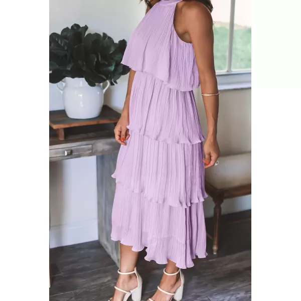 ZESICA Womens 2024 Summer Sleeveless Halter Neck Ruffle Tiered Layed Chiffon Flowy Swing Long Midi DressPurple