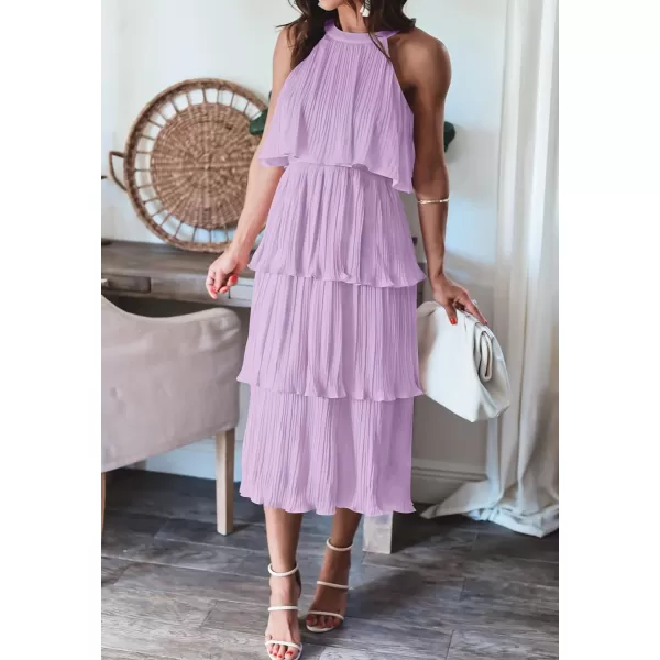 ZESICA Womens 2024 Summer Sleeveless Halter Neck Ruffle Tiered Layed Chiffon Flowy Swing Long Midi DressPurple