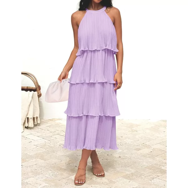 ZESICA Womens 2024 Summer Sleeveless Halter Neck Ruffle Tiered Layed Chiffon Flowy Swing Long Midi DressPurple