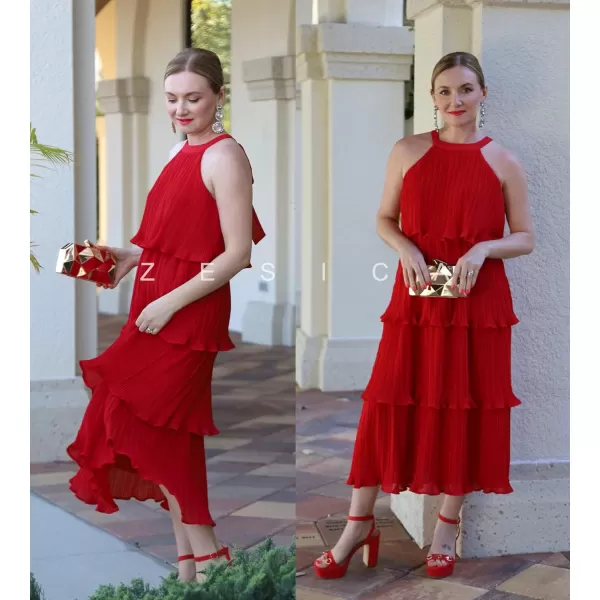 ZESICA Womens 2024 Summer Sleeveless Halter Neck Ruffle Tiered Layed Chiffon Flowy Swing Long Midi DressRed