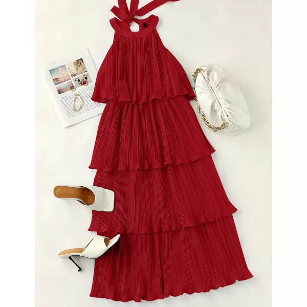 ZESICA Womens 2024 Summer Sleeveless Halter Neck Ruffle Tiered Layed Chiffon Flowy Swing Long Midi DressRed