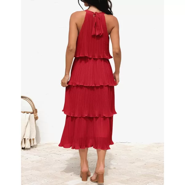 ZESICA Womens 2024 Summer Sleeveless Halter Neck Ruffle Tiered Layed Chiffon Flowy Swing Long Midi DressRed