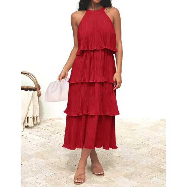 ZESICA Womens 2024 Summer Sleeveless Halter Neck Ruffle Tiered Layed Chiffon Flowy Swing Long Midi DressRed