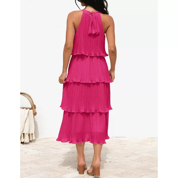 ZESICA Womens 2024 Summer Sleeveless Halter Neck Ruffle Tiered Layed Chiffon Flowy Swing Long Midi DressRose