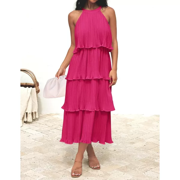 ZESICA Womens 2024 Summer Sleeveless Halter Neck Ruffle Tiered Layed Chiffon Flowy Swing Long Midi DressRose