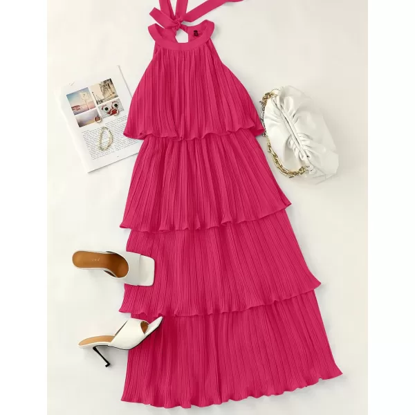 ZESICA Womens 2024 Summer Sleeveless Halter Neck Ruffle Tiered Layed Chiffon Flowy Swing Long Midi DressRose
