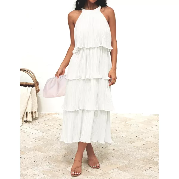 ZESICA Womens 2024 Summer Sleeveless Halter Neck Ruffle Tiered Layed Chiffon Flowy Swing Long Midi DressWhite