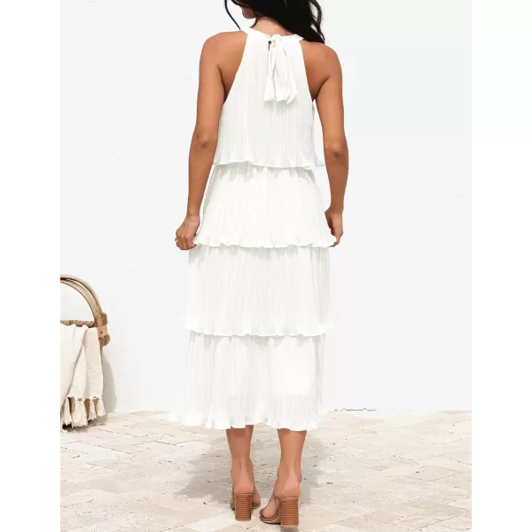 ZESICA Womens 2024 Summer Sleeveless Halter Neck Ruffle Tiered Layed Chiffon Flowy Swing Long Midi DressWhite