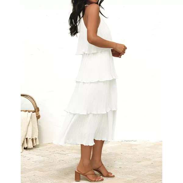 ZESICA Womens 2024 Summer Sleeveless Halter Neck Ruffle Tiered Layed Chiffon Flowy Swing Long Midi DressWhite