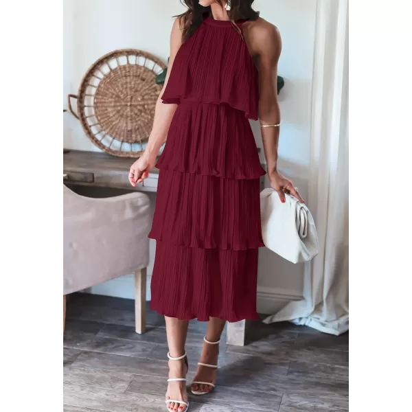 ZESICA Womens 2024 Summer Sleeveless Halter Neck Ruffle Tiered Layed Chiffon Flowy Swing Long Midi DressWine