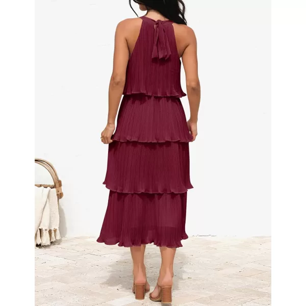 ZESICA Womens 2024 Summer Sleeveless Halter Neck Ruffle Tiered Layed Chiffon Flowy Swing Long Midi DressWine