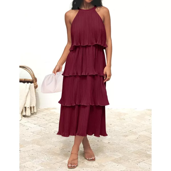 ZESICA Womens 2024 Summer Sleeveless Halter Neck Ruffle Tiered Layed Chiffon Flowy Swing Long Midi DressWine