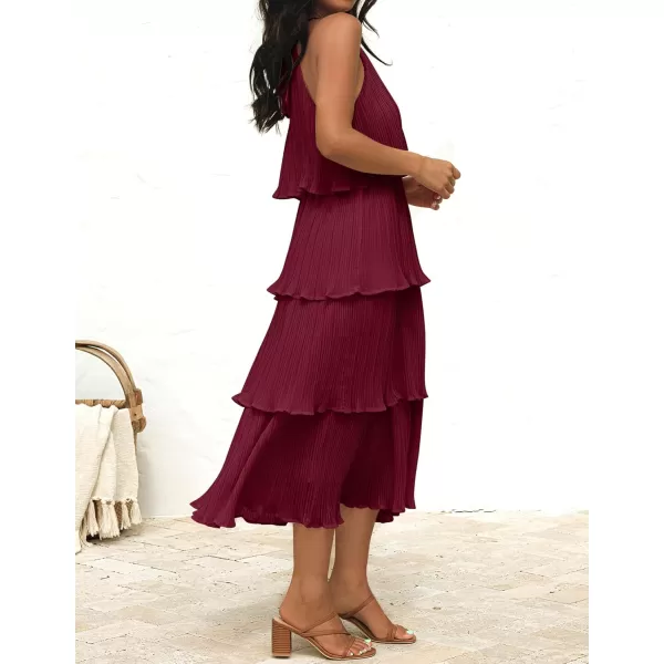 ZESICA Womens 2024 Summer Sleeveless Halter Neck Ruffle Tiered Layed Chiffon Flowy Swing Long Midi DressWine