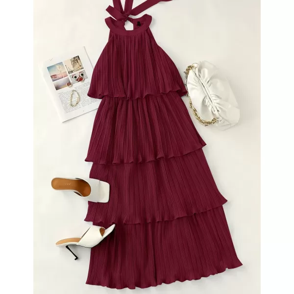 ZESICA Womens 2024 Summer Sleeveless Halter Neck Ruffle Tiered Layed Chiffon Flowy Swing Long Midi DressWine