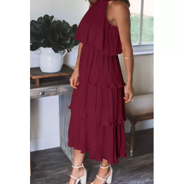 ZESICA Womens 2024 Summer Sleeveless Halter Neck Ruffle Tiered Layed Chiffon Flowy Swing Long Midi DressWine