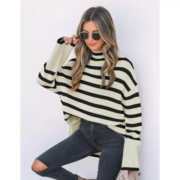 ZESICA Womens 2024 Winter Sweaters Casual Turtleneck Long Sleeve Striped Side Slit Loose Pullover Sweater Jumper TopsApricot