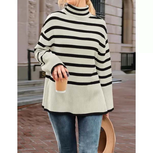 ZESICA Womens 2024 Winter Sweaters Casual Turtleneck Long Sleeve Striped Side Slit Loose Pullover Sweater Jumper TopsApricot