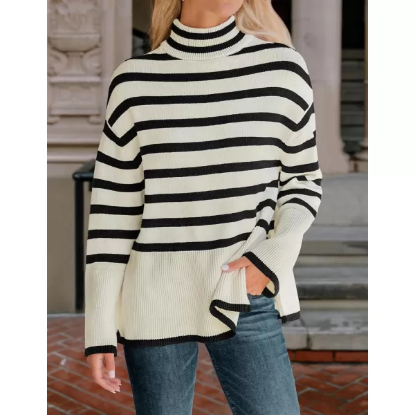 ZESICA Womens 2024 Winter Sweaters Casual Turtleneck Long Sleeve Striped Side Slit Loose Pullover Sweater Jumper TopsApricot