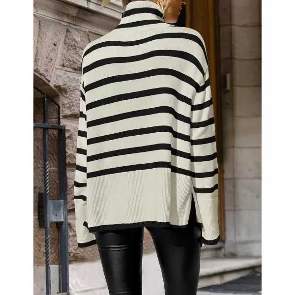 ZESICA Womens 2024 Winter Sweaters Casual Turtleneck Long Sleeve Striped Side Slit Loose Pullover Sweater Jumper TopsApricot
