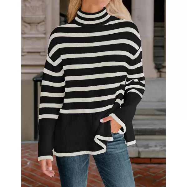 ZESICA Womens 2024 Winter Sweaters Casual Turtleneck Long Sleeve Striped Side Slit Loose Pullover Sweater Jumper TopsBlack