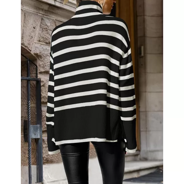 ZESICA Womens 2024 Winter Sweaters Casual Turtleneck Long Sleeve Striped Side Slit Loose Pullover Sweater Jumper TopsBlack