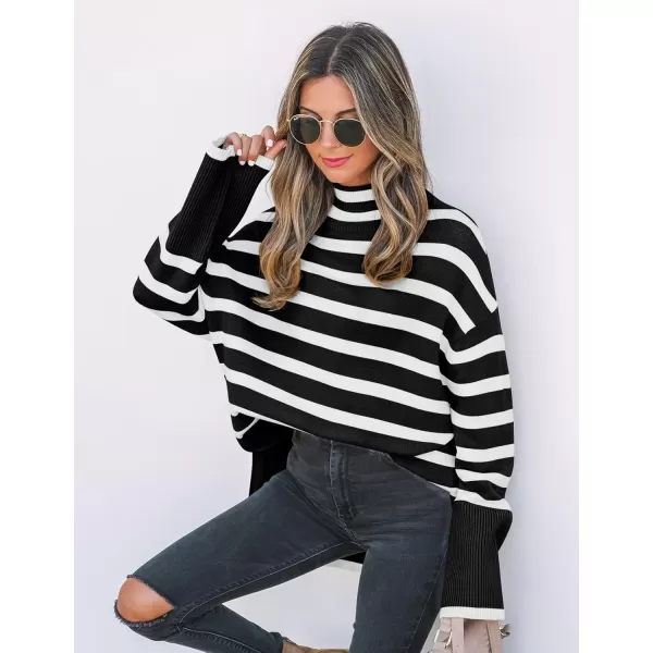 ZESICA Womens 2024 Winter Sweaters Casual Turtleneck Long Sleeve Striped Side Slit Loose Pullover Sweater Jumper TopsBlack
