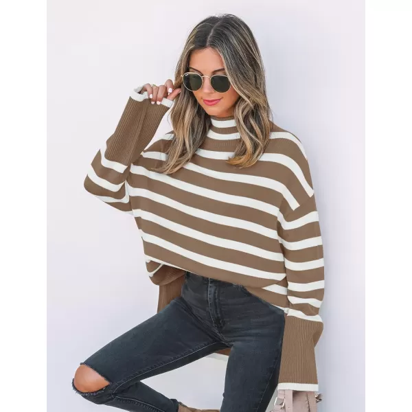ZESICA Womens 2024 Winter Sweaters Casual Turtleneck Long Sleeve Striped Side Slit Loose Pullover Sweater Jumper TopsBrown