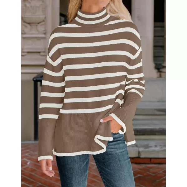 ZESICA Womens 2024 Winter Sweaters Casual Turtleneck Long Sleeve Striped Side Slit Loose Pullover Sweater Jumper TopsBrown