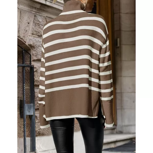 ZESICA Womens 2024 Winter Sweaters Casual Turtleneck Long Sleeve Striped Side Slit Loose Pullover Sweater Jumper TopsBrown