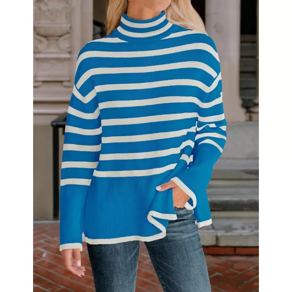ZESICA Womens 2024 Winter Sweaters Casual Turtleneck Long Sleeve Striped Side Slit Loose Pullover Sweater Jumper TopsCobaltblue