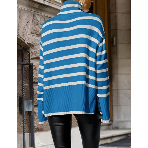 ZESICA Womens 2024 Winter Sweaters Casual Turtleneck Long Sleeve Striped Side Slit Loose Pullover Sweater Jumper TopsCobaltblue