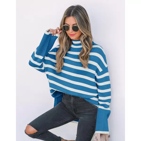 ZESICA Womens 2024 Winter Sweaters Casual Turtleneck Long Sleeve Striped Side Slit Loose Pullover Sweater Jumper TopsCobaltblue