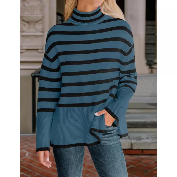 ZESICA Womens 2024 Winter Sweaters Casual Turtleneck Long Sleeve Striped Side Slit Loose Pullover Sweater Jumper TopsDustyblue