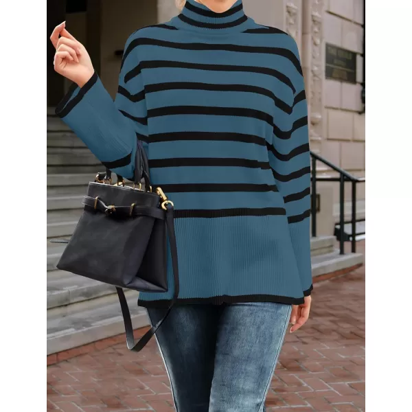 ZESICA Womens 2024 Winter Sweaters Casual Turtleneck Long Sleeve Striped Side Slit Loose Pullover Sweater Jumper TopsDustyblue