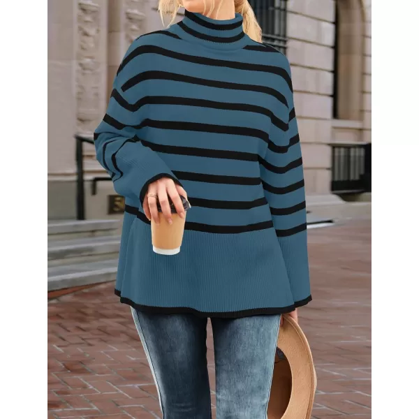 ZESICA Womens 2024 Winter Sweaters Casual Turtleneck Long Sleeve Striped Side Slit Loose Pullover Sweater Jumper TopsDustyblue