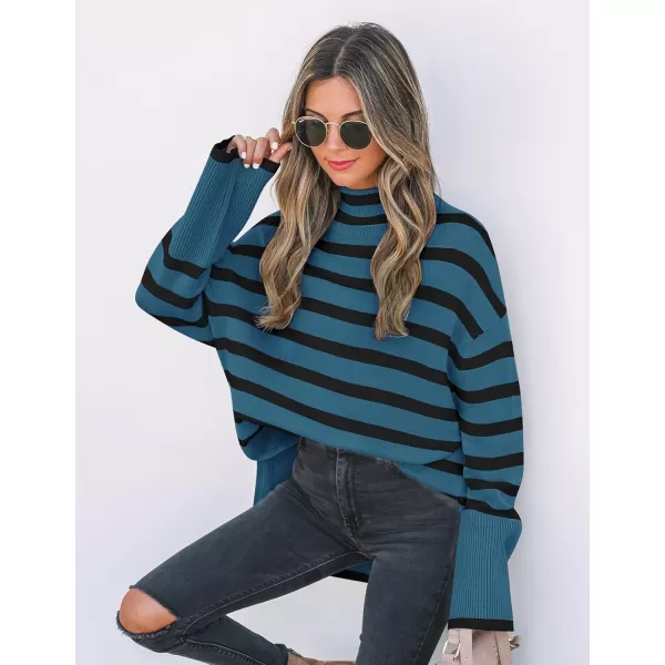 ZESICA Womens 2024 Winter Sweaters Casual Turtleneck Long Sleeve Striped Side Slit Loose Pullover Sweater Jumper TopsDustyblue